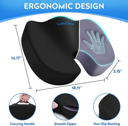 CushZone Seat Cushion - Memory Foam Coccyx Pillow for Sciatica & Back Pain Relief | Black Office Chair Cushion