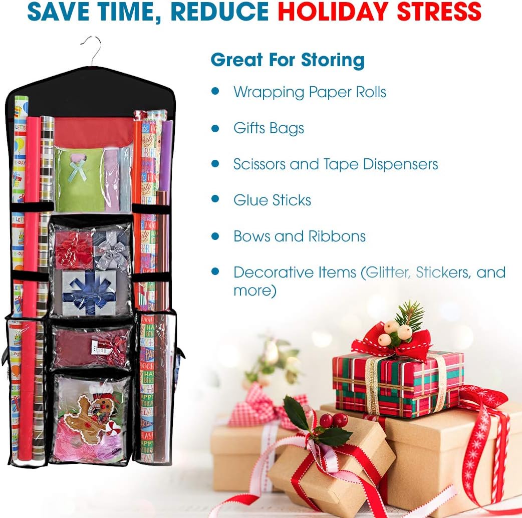 ProPik Wrapping Paper Storage Organizer - Double-Sided Design with Multiple Pockets | Fits 40" Rolls, Black