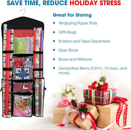 ProPik Wrapping Paper Storage Organizer - Double-Sided Design with Multiple Pockets | Fits 40" Rolls, Black