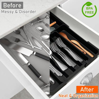 Spaclear Silverware Organizer - Expandable Utensil Drawer Storage | Adjustable Black Flatware Holder