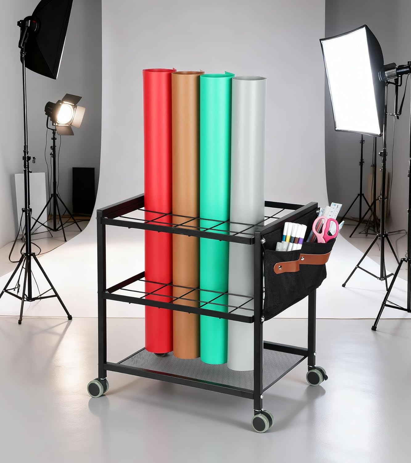 Blueprint Storage Rack Cart - Metal Mobile Holder with 20 Slots & Side Storage Bags | 3.2” x 3.2” Grids