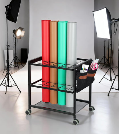 Blueprint Storage Rack Cart - Metal Mobile Holder with 20 Slots & Side Storage Bags | 3.2” x 3.2” Grids