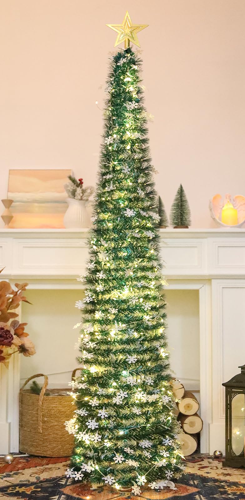 5 ft Pop Up Christmas Tree with Lights – Collapsible Tinsel Pencil Tree with Snowflake Ornaments