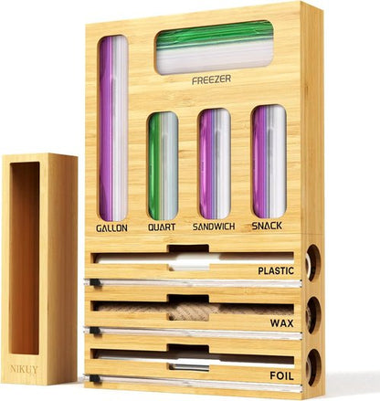 Bamboo 9-in-1 Foil & Plastic Wrap Organizer - Kitchen Drawer Storage with Labels for Bags