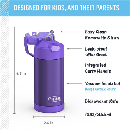 THERMOS FUNTAINER Water Bottle - 12 Ounce Kids Stainless Steel Vacuum Insulated - Violet Color