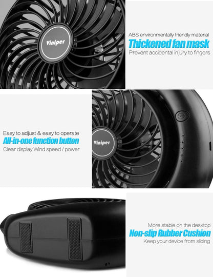 Viniper Portable Rechargeable Fan - Compact 3-Speed Desk Fan with 180° Rotation | 8-24 Hours Battery Life (Black)