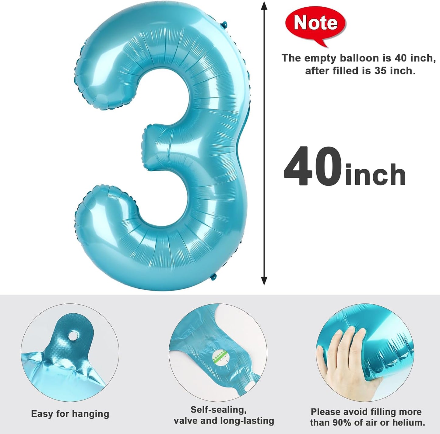Numbers Balloon - 40 Inch Large Pastel Blue Balloon for 3rd Birthday Party Decorations