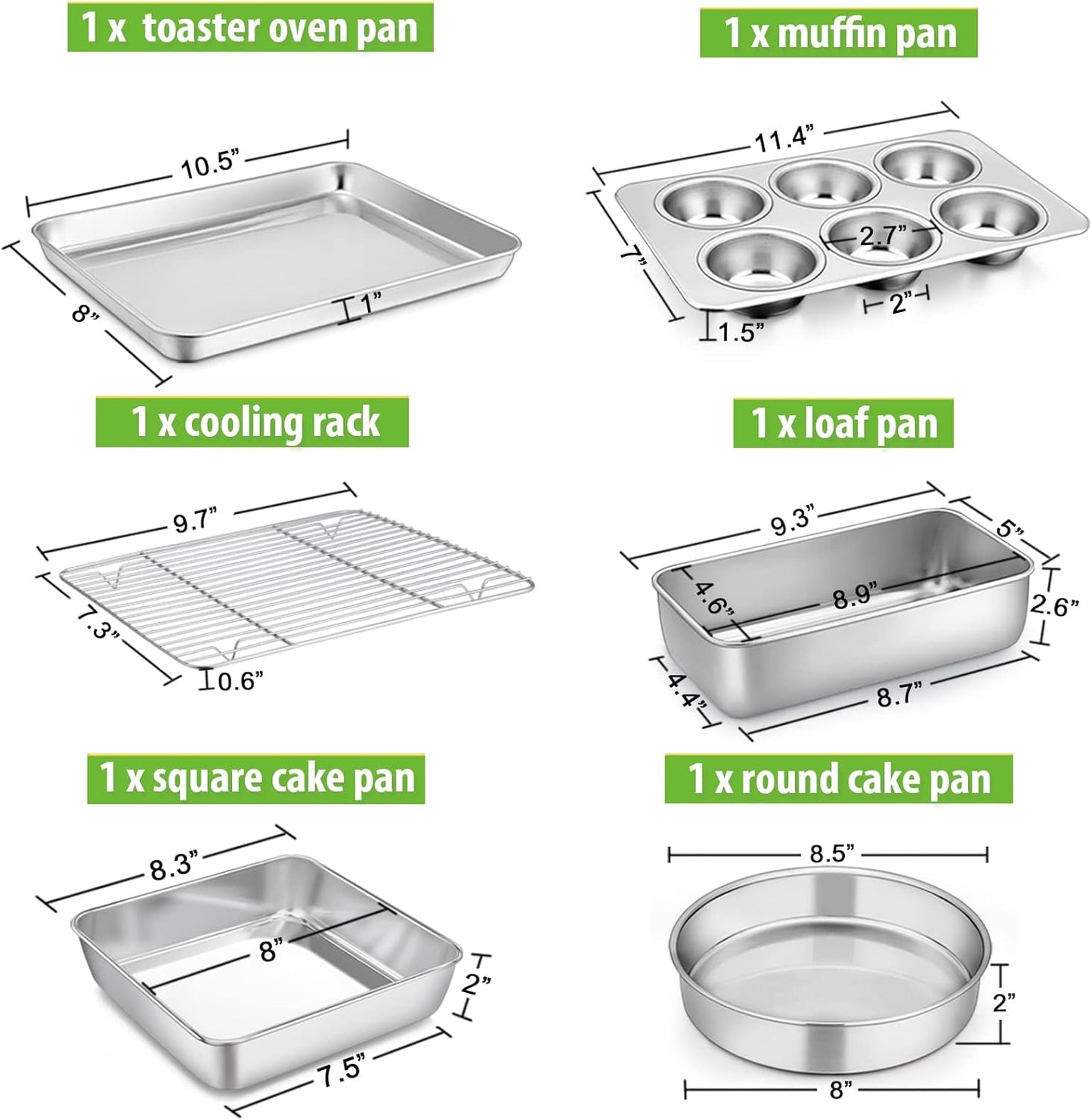 P&P CHEF 6-Piece Toaster Oven Bakeware Set - Stainless Steel, Non-Toxic & Easy to Clean