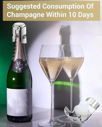 Champagne Stoppers 2 Pack, Leak-Proof Stainless Steel Wine Stopper Saver with Silicone Seal Sparking Wine Saver for Cava, Prosecco and More, Silver