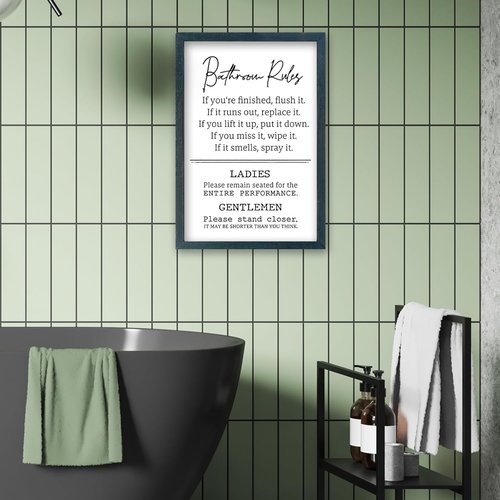 Bathroom Rules Wall Decor - Humorous 16" x 11" Restroom Sign | Modern Framed Art in Black