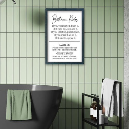 Bathroom Rules Wall Decor - Humorous 16" x 11" Restroom Sign | Modern Framed Art in Black