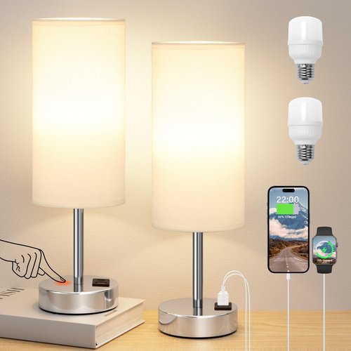Bedside Table Lamps for Bedroom Set of 2 - Touch Lamp for Nightstand with USB-A+C Charging Ports - 3 Way Dimmable Small Desk Lamp White for Office, Dorm Room, Living Room, Reading, Nursery