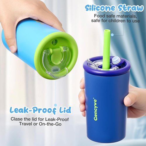 Gencywe Kids Double-Walled Stainless Steel Cups - 12 oz Spill-Proof Sippy Tumbler Set with Straws & Lids | BPA-Free, Perfect for Ages 3+