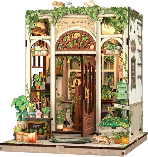 Fsolis Book Nook Kit - 3D Wooden Puzzle for Adults | DIY Miniature House, 196 Pcs, Green Life's Bookshop Design