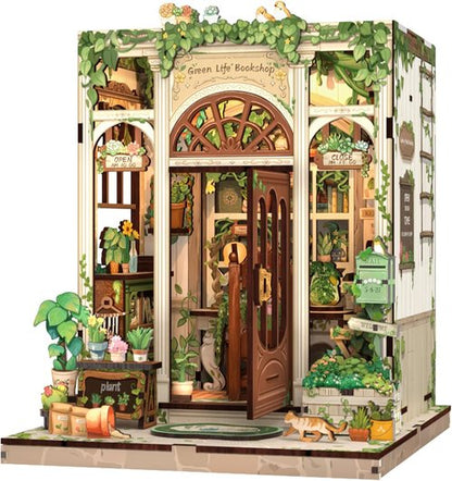 Fsolis Book Nook Kit - 3D Wooden Puzzle for Adults | DIY Miniature House, 196 Pcs, Green Life's Bookshop Design