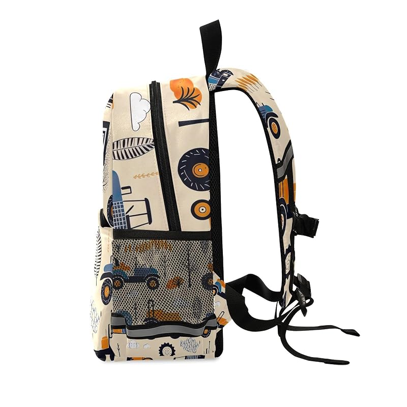 Custom Boys Backpack with Personalized Name - Cute Tractors Beige Schoolbag (Variation: Cute Tractors Beige)