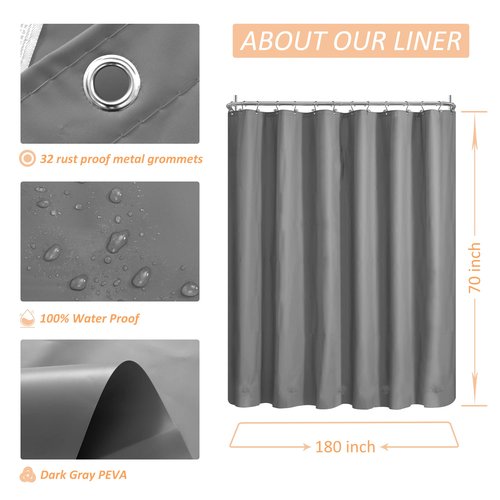 Mrs Awesome Grey Clawfoot Tub Shower Curtain or Liner with 12 Magnets - Free 36 Hooks Included, Waterproof PEVA, 180" x 70", Dark Gray