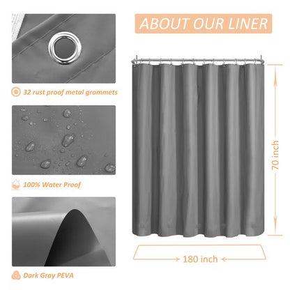 Mrs Awesome Grey Clawfoot Tub Shower Curtain or Liner with 12 Magnets - Free 36 Hooks Included, Waterproof PEVA, 180" x 70", Dark Gray