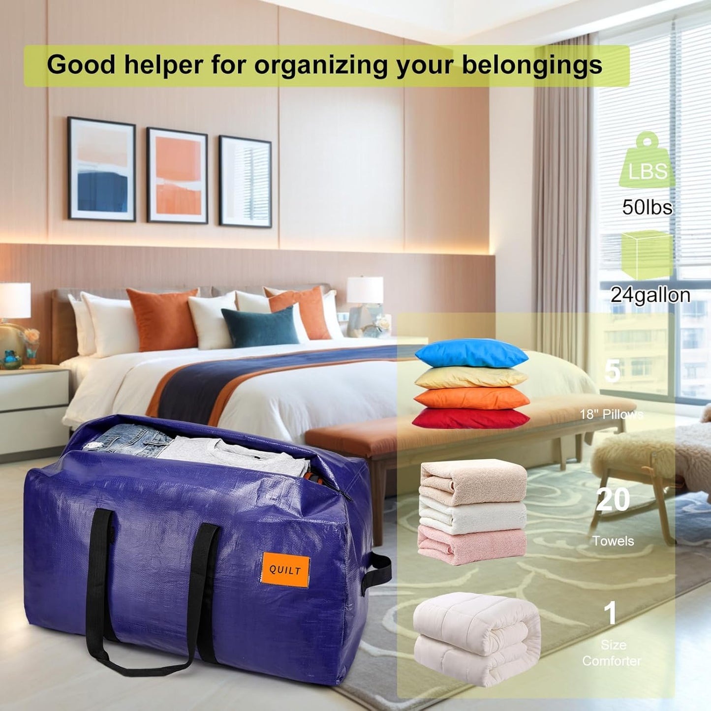 Skiennix Heavy Duty Moving Bags - Extra Large Storage Totes with Zippers & Sturdy Handles | 6 Pack, Blue