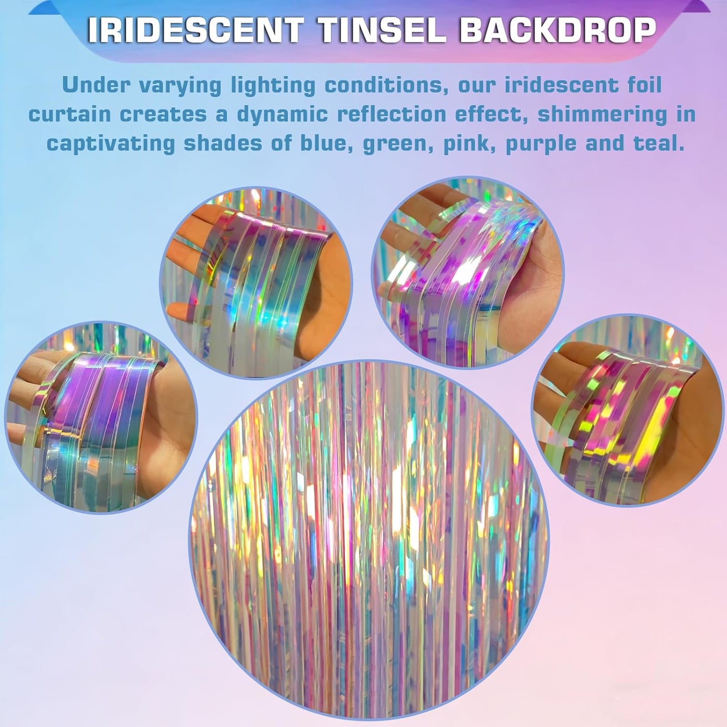 Melsan Iridescent Party Decorations - Holographic Tinsel Foil Fringe Curtain for Mermaid Theme | 2 Packs, 3.2 x 6.56 ft