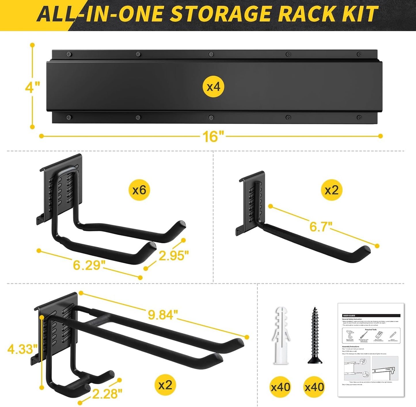 UUP Garage Storage | 64-Inch Wall Mount Tool Organizer with Adjustable Metal Hooks - Heavy-Duty Yard Rack
