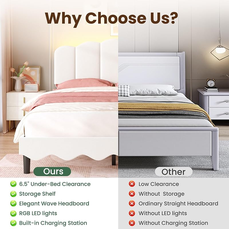 Full Size Storage Headboard Bed Frame with LED Lights, Beige - Variation: Beige+Full