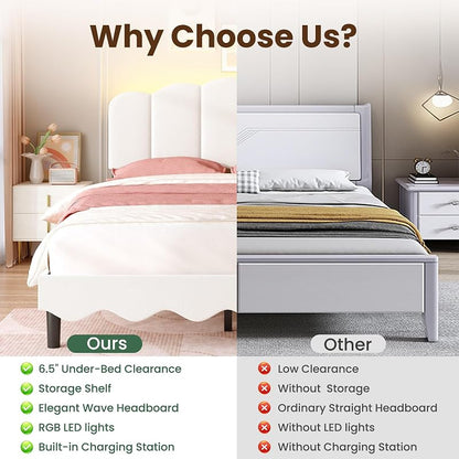 Full Size Storage Headboard Bed Frame with LED Lights, Beige - Variation: Beige+Full