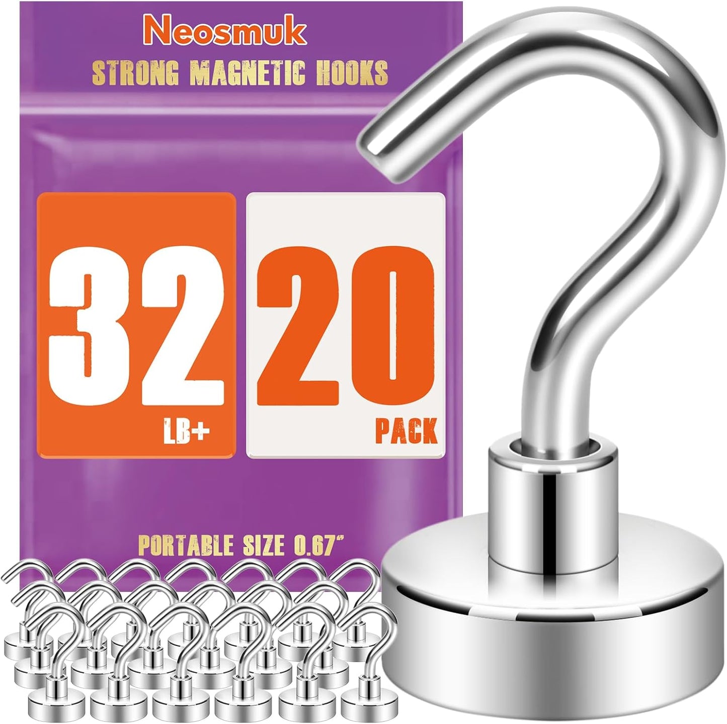 Neosmuk Magnetic Hooks - Heavy Duty 32lb+ Magnetic Hooks for Cruise Cabins & Travel | Silver Pack of 20