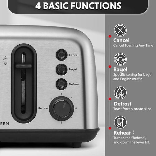 BUYDEEM DT440 4-Slice Stainless Steel Toaster - Extra Wide Slots for Bagels & Muffins, Retro Silver Finish