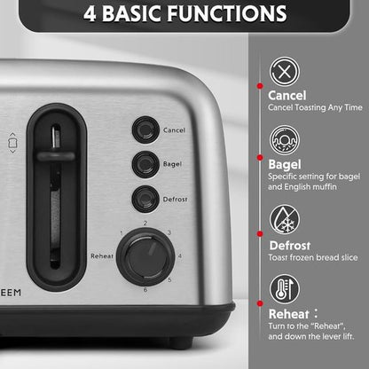 BUYDEEM DT440 4-Slice Stainless Steel Toaster - Extra Wide Slots for Bagels & Muffins, Retro Silver Finish