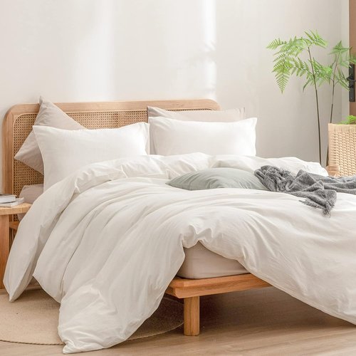 BESTOUCH Duvet Cover Set - 100% Washed Cotton for Soft Comfort | Chic Off-White Queen Size 3-Piece Bedding Set