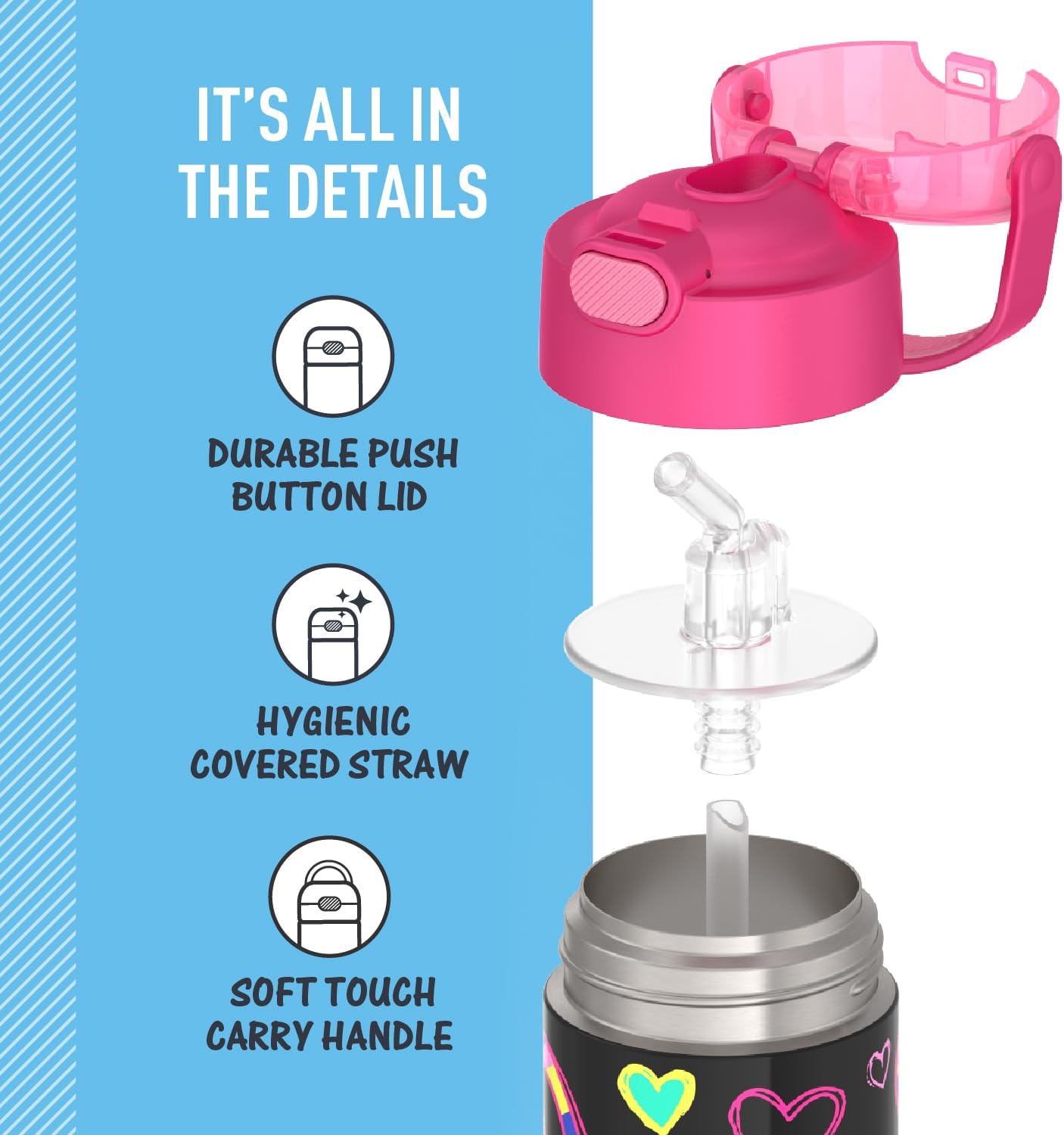 THERMOS FUNTAINER Water Bottle - 12 Ounce Kids Stainless Steel Vacuum Insulated with Straw | Peace Design