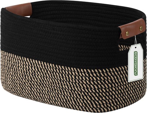 ECDYQXVU Cotton Rope Basket - Stylish Storage Solution with Handles | 15x10x9 Inch | Black Brown