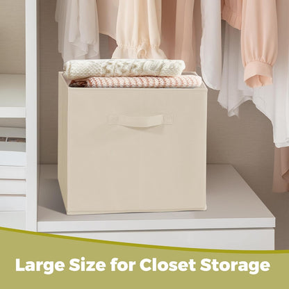 Skiennix 11x11 Storage Bins - Set of 8 Collapsible Fabric Organizers with Handles | Beige