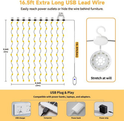 HXWEIYE 300LED Curtain Lights - 9.8x9.8Ft USB Fairy Twinkle String Lights with Remote & Timer | Warm White Decor