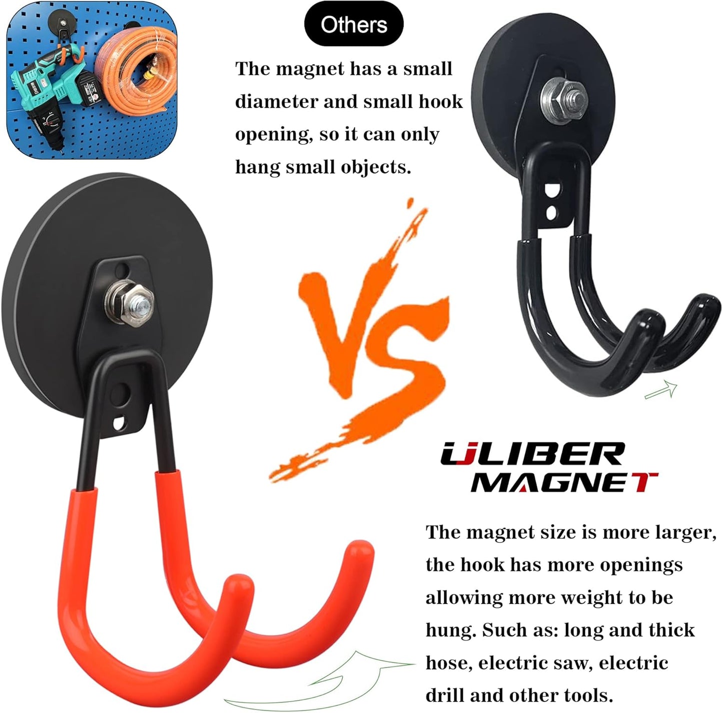 ULIBERMAGNET Heavy Duty Magnetic Hooks - Strong 3.46 Inch Hooks for Cables, Tools & More | 2 Pack (Orange)