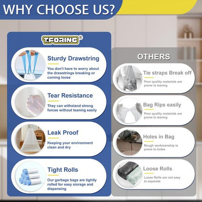 T.FORING 13 Gallon Trash Bags Drawstring 120 Count, 1.7 Mil Thick White Garbage Bags, Easy-Dispense Roll for Kitchen & Household Use, Resists Tears, Leaks and Punctures