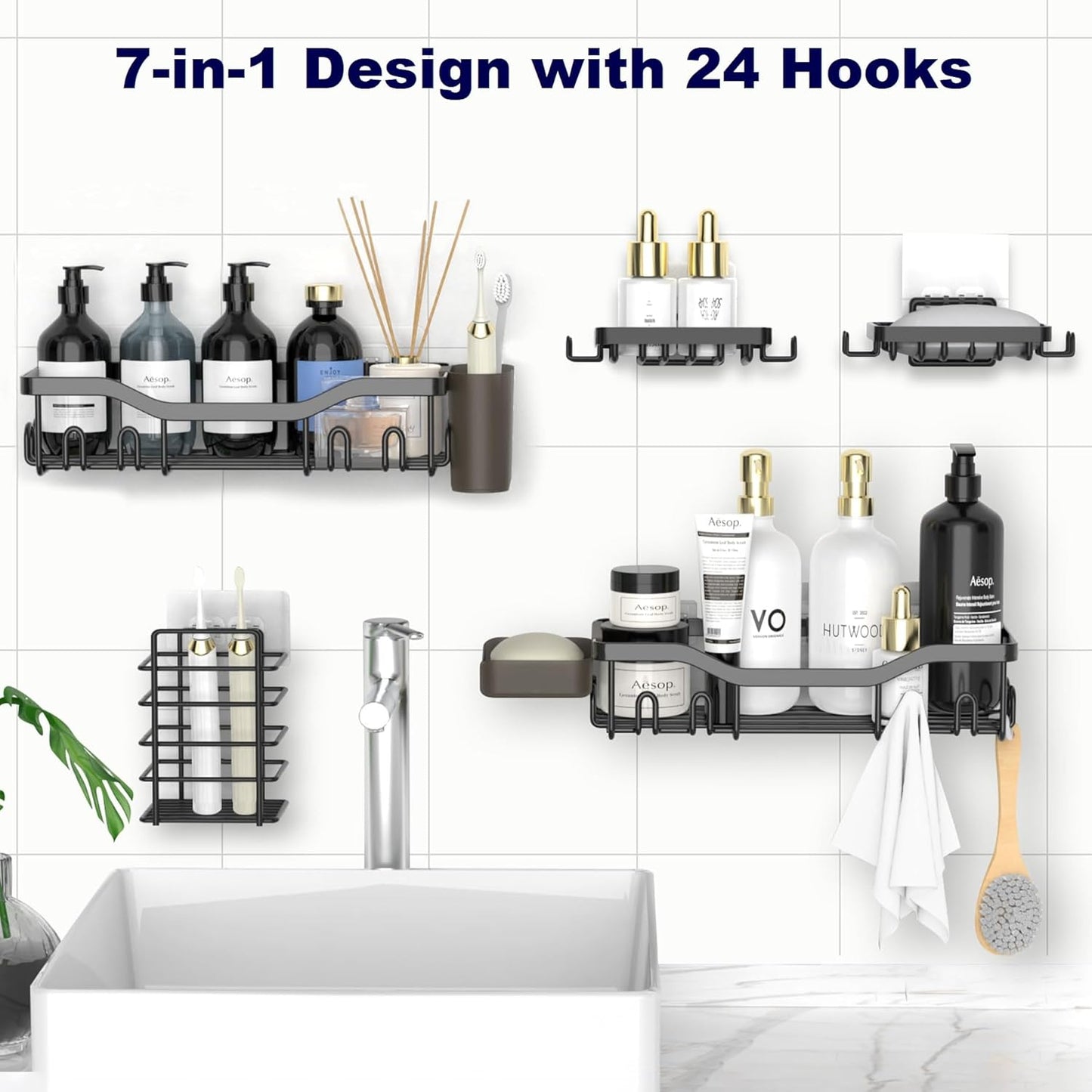 NESOMI Shower Caddy - Rustproof Stainless Steel Organizer with Soap Dish & Hooks | 7-Pack Large Capacity
