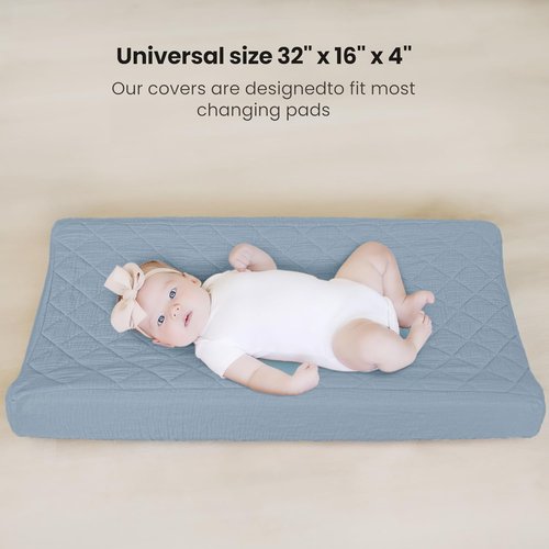 Konssy Waterproof Muslin Changing Pad Cover - Soft Quilted Cotton Sheets for Boys & Girls | 2 Pack (Star, Blue)