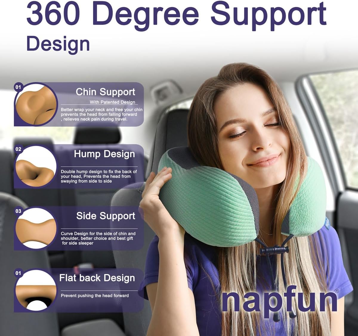 Napfun Neck Pillow - Memory Foam Travel Pillow with Pouch, Sleep Mask & Earplugs | Turquoise Striped Kit