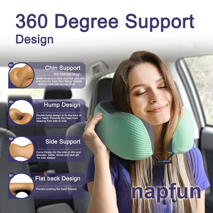 napfun Neck Pillow for Travel with Travel Pouch, Sleep Mask & Earplugs, Memory Foam Airplane Pillow for Headrest Sleep with Eyeshades, Plane Essentials with Eye Blindfold, Turquoise Striped Kit