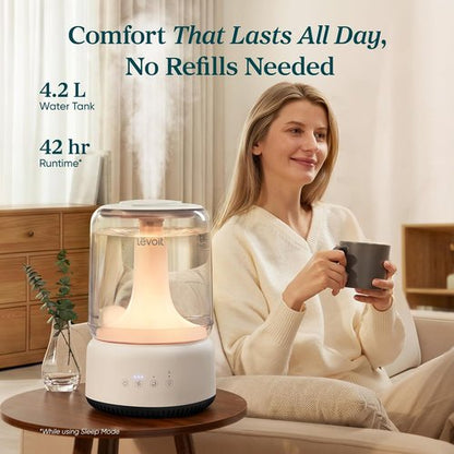 LEVOIT Humidifier - 4.2L Top Fill Design for Large Rooms | 42-Hour Runtime, Quiet Cool Mist, Easy to Clean, White