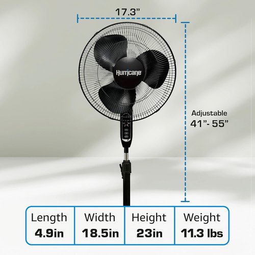 Hurricane Supreme Oscillating Pedestal Stand Fan with 3 Quiet Speeds, Black, 16" - Corded Electric Air Cooling Unit with Remote Control & Adjustable Height for Home, Apartment, Workshop or Office