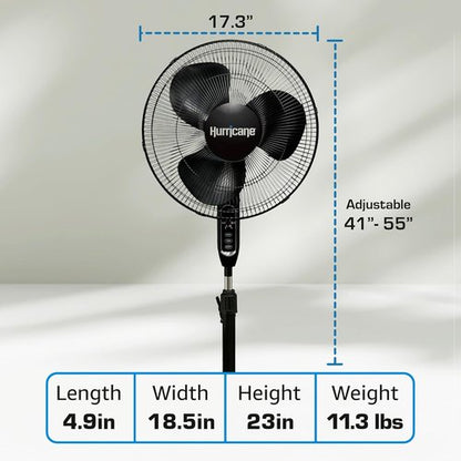 Hurricane Supreme Oscillating Pedestal Stand Fan with 3 Quiet Speeds, Black, 16" - Corded Electric Air Cooling Unit with Remote Control & Adjustable Height for Home, Apartment, Workshop or Office