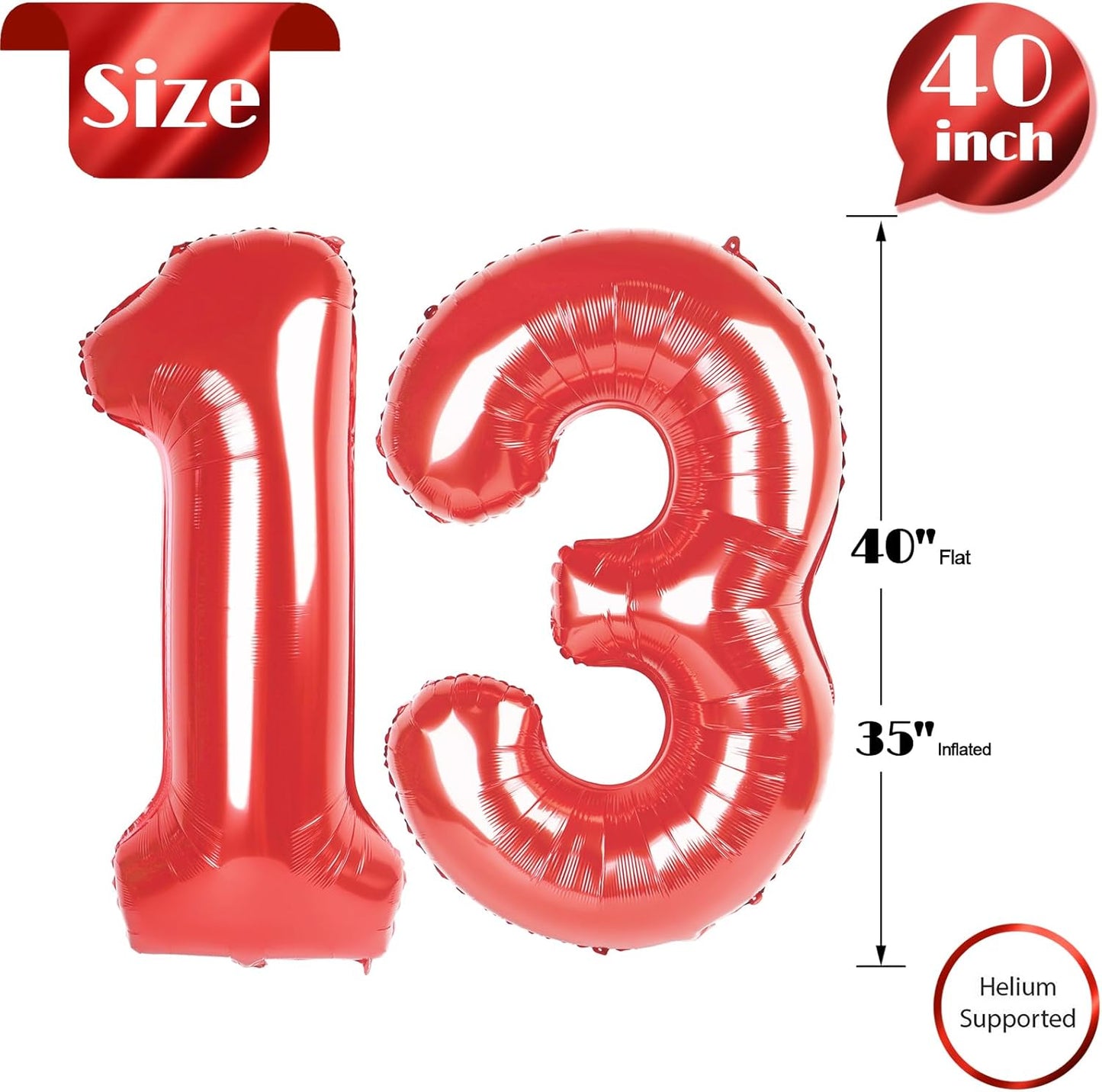 Red Number 13 Balloon - 40 Inch Birthday Decoration for 13th Year Celebration | Party Supplies