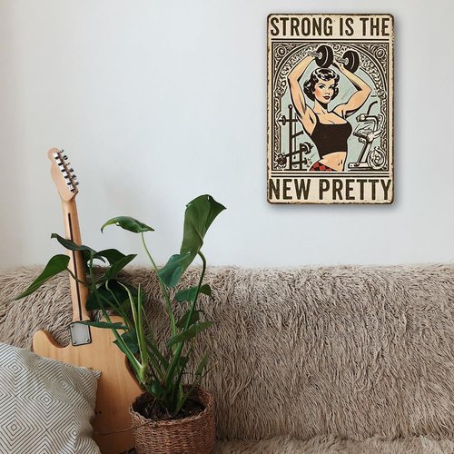 Fitness Motivational Metal Sign - 'Strong Is The New Pretty' Inspirational Gym Wall Art | 8x12 Inch Decor for Home Gym