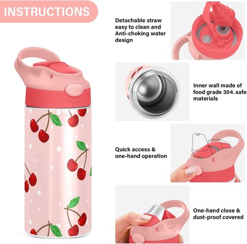 Cherry Water Bottle - Leakproof Double-Walled Stainless Steel Thermo Flask with Straw Lid | Ideal for Kids & Girls