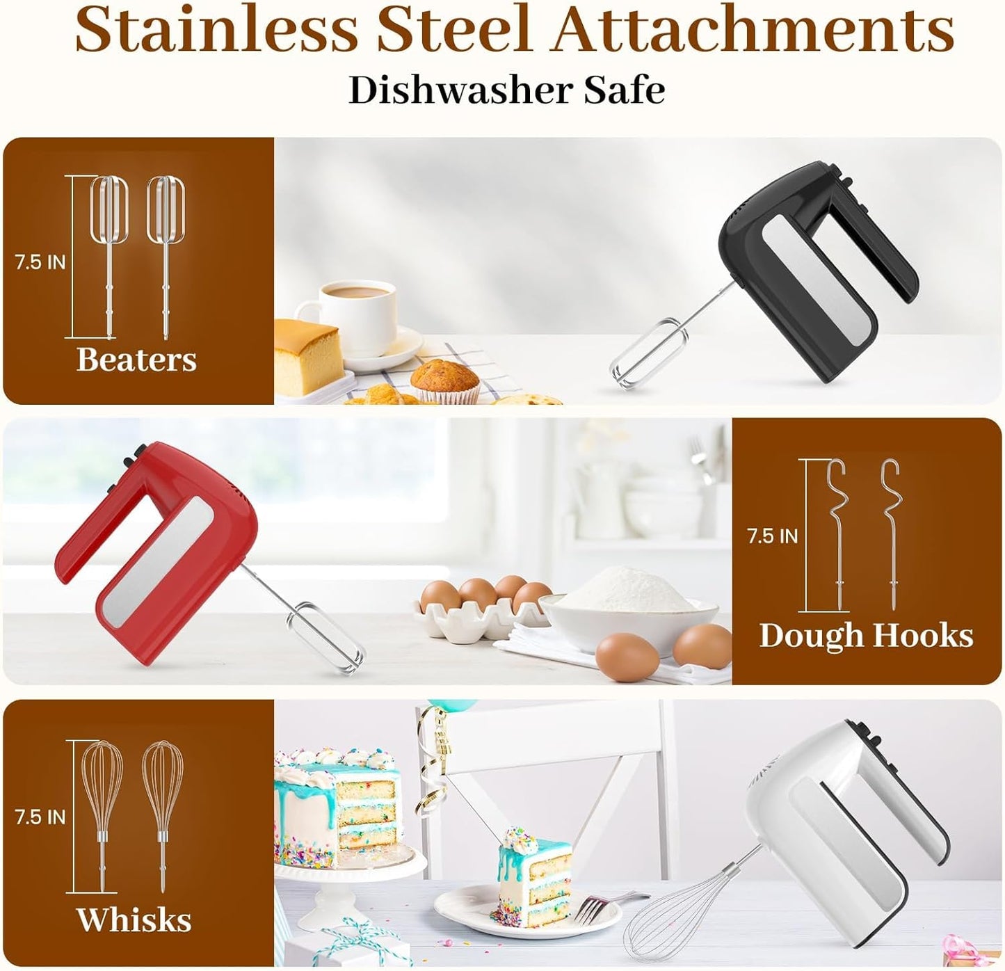 Skiennix 5-Speed Electric Hand Mixer - 800W Handheld Mixer with Turbo & 6 Stainless Steel Attachments | White