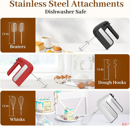 Skiennix 5-Speed Electric Hand Mixer - 800W Handheld Mixer with Turbo & 6 Stainless Steel Attachments | White