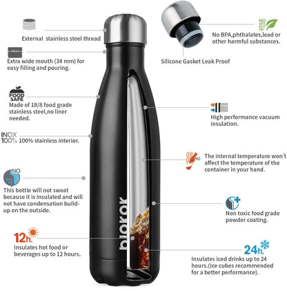 BJPKPK Insulated Water Bottles -17oz/500ml -Stainless Steel Water bottles, Sports water bottles Keep cold for 24 Hours and hot for 12 Hours,BPA Free water bottles,Black